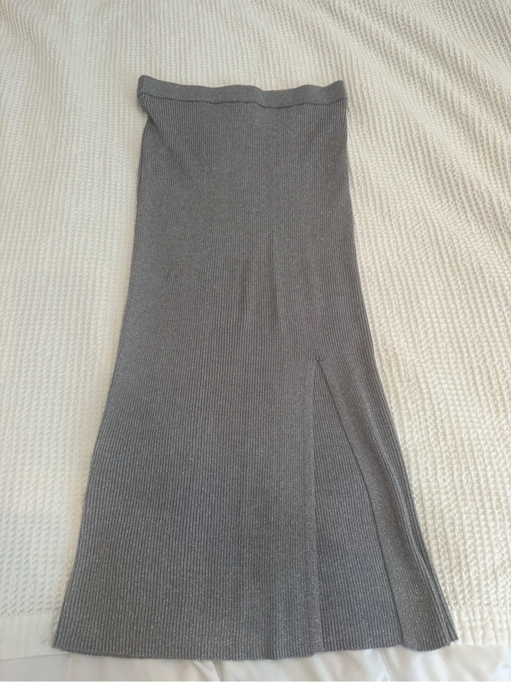 Zara Gray Ribbed Knit A-Line Midi Skirt with Side Slit